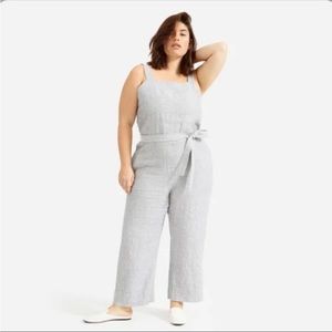 Everlane The Linen Square Neck Belted Jumpsuit Gray Pinstripe